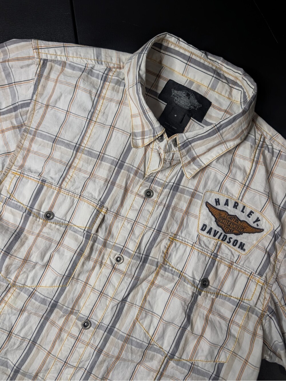 Harley Davidson Short Sleeve Plaid Snap Shirt Embroidered Patches Medium